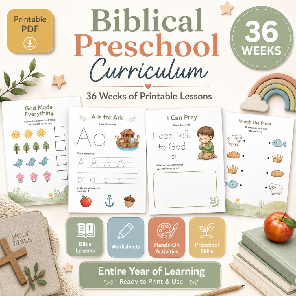 Biblical Preschool Curriculum, 36 weeks, 800+ Worksheets & Activities