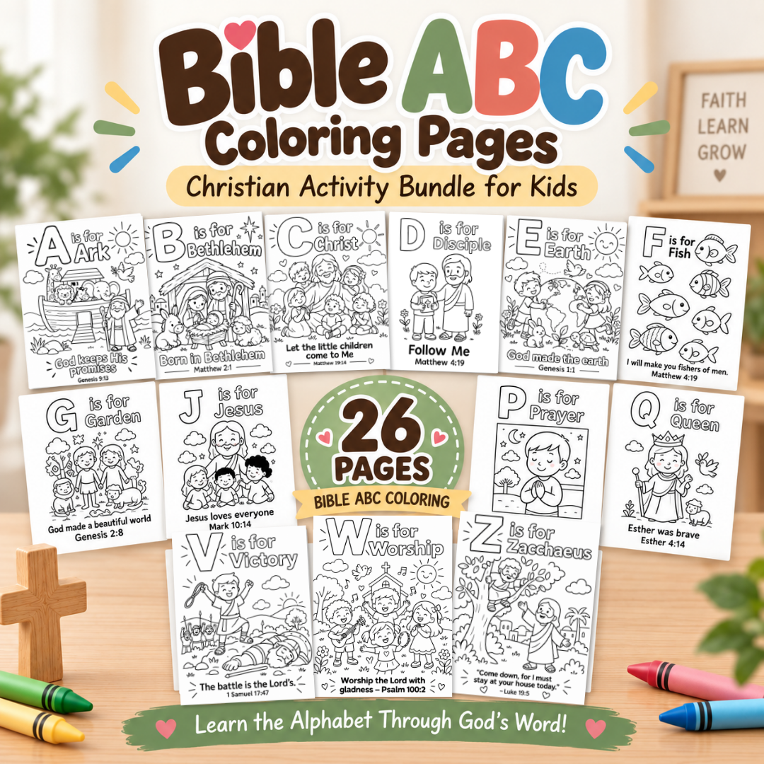 Bible ABC Coloring Pages, Christian Activity Bundle for Kids