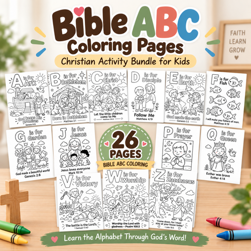 Bible ABC Coloring Pages, Christian Activity Bundle for Kids