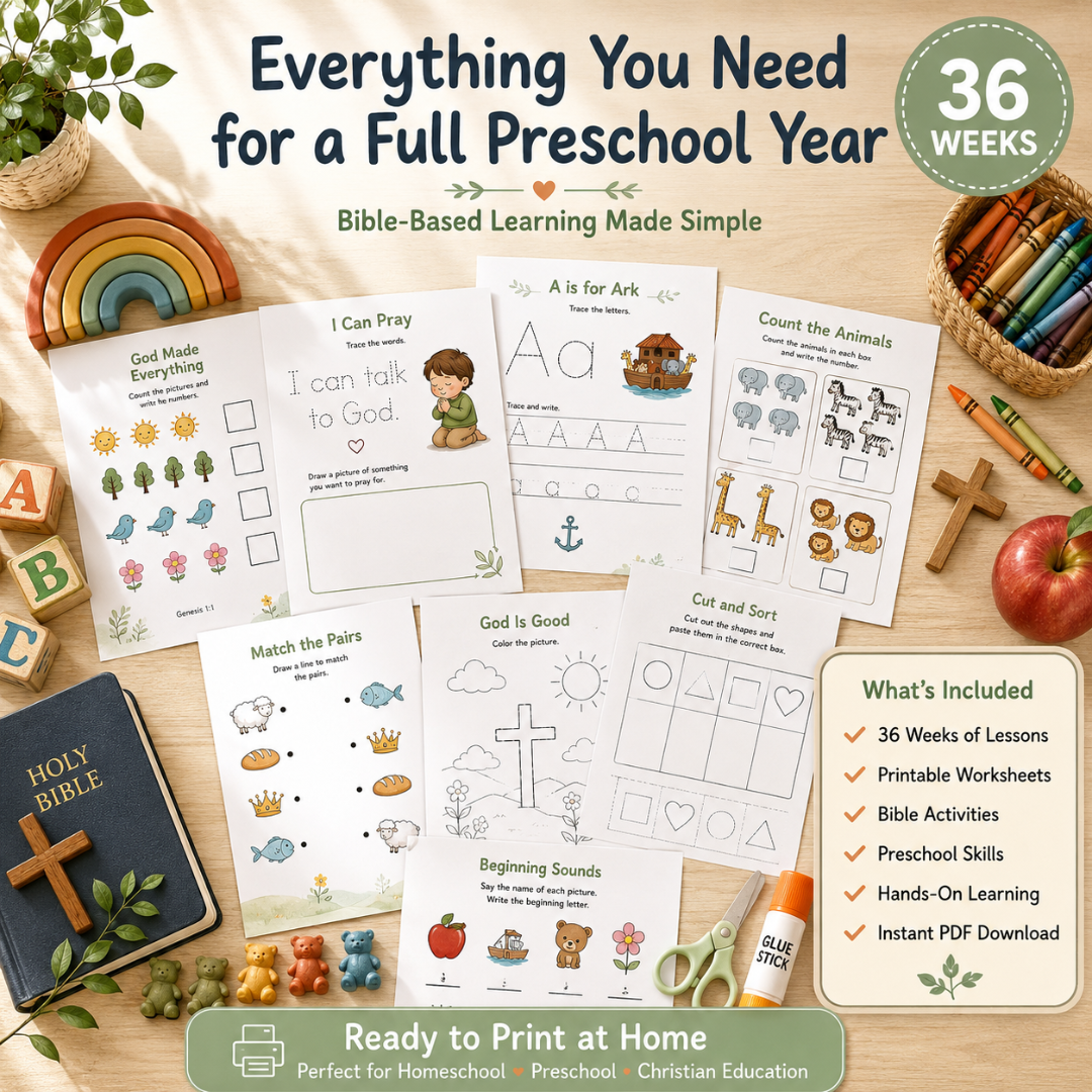 Biblical Preschool Curriculum, 36 weeks, 800+ Worksheets & Activities