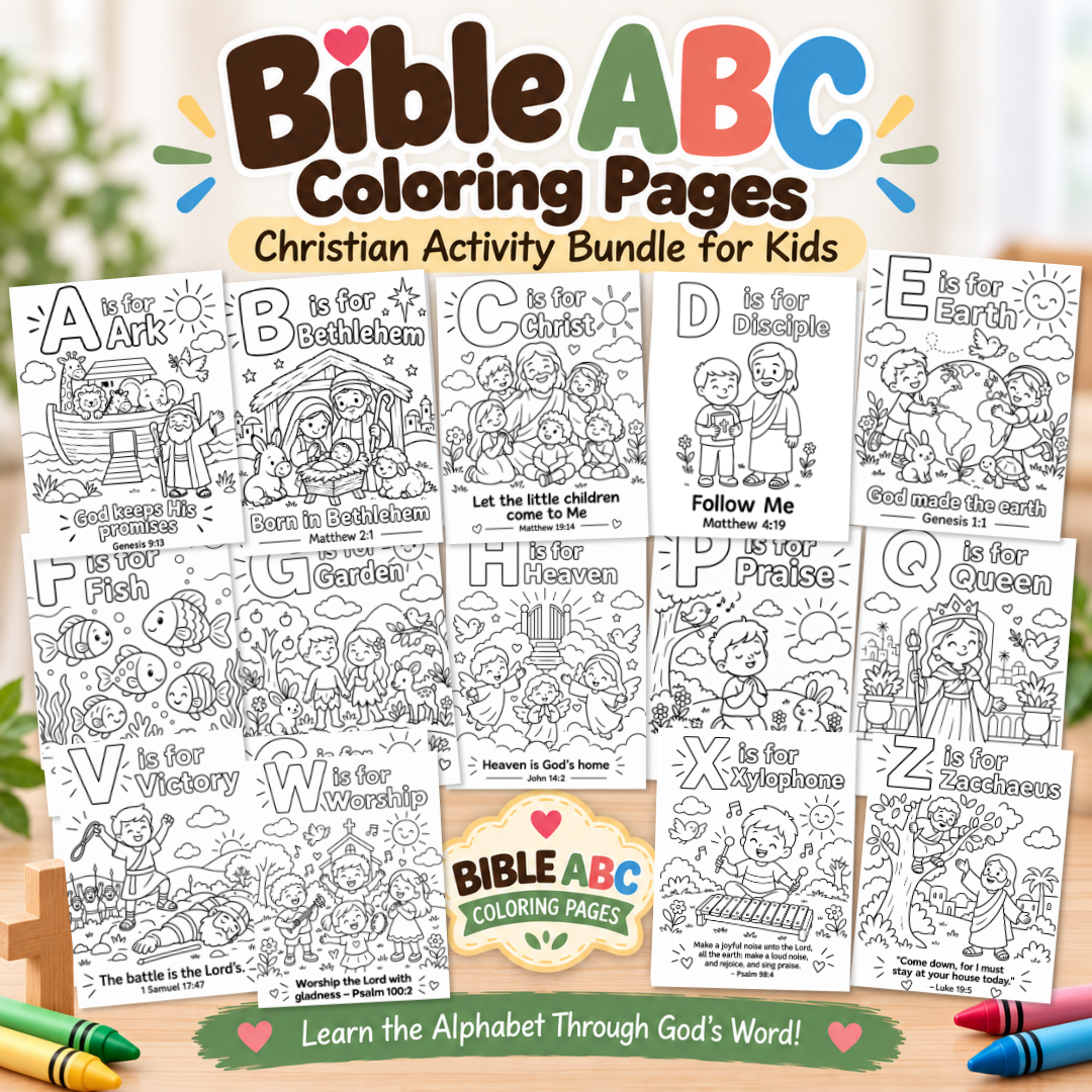 Bible ABC Coloring Pages, Christian Activity Bundle for Kids