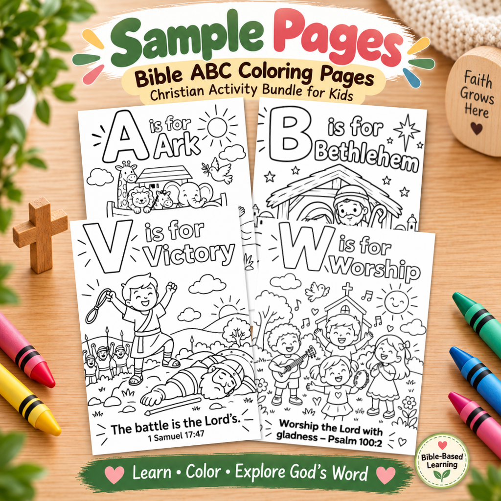 Bible ABC Coloring Pages, Christian Activity Bundle for Kids